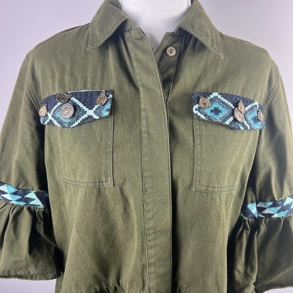 Beautiful Stories Anthropologie Inika Olive Green Utility Jacket S Embroidered - Picture 3 of 16